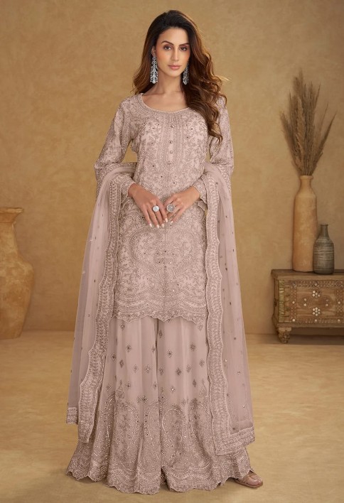 Net Dusty Mauve Embroidered Wedding Palazzo Suit
